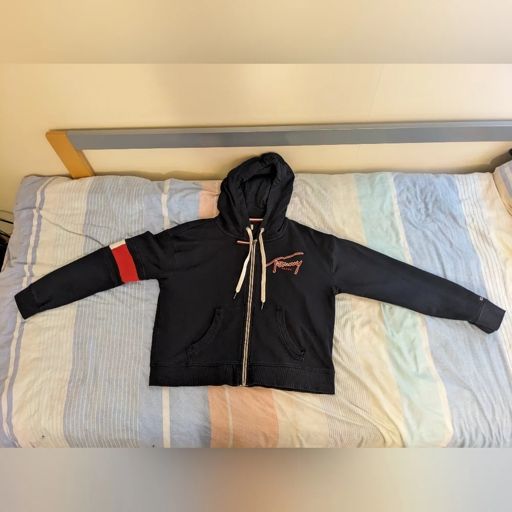 Navy Blue Tommy Jeans Zip Up Sweater with Hood and Red Stripe - Picture 2 of 9